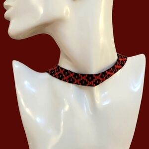 Red and Black Columbian Seed Beaded Woven Choker Necklace
